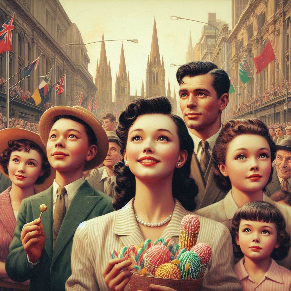 AI image of 1950's Melbourne watching the Moomba parade in the city