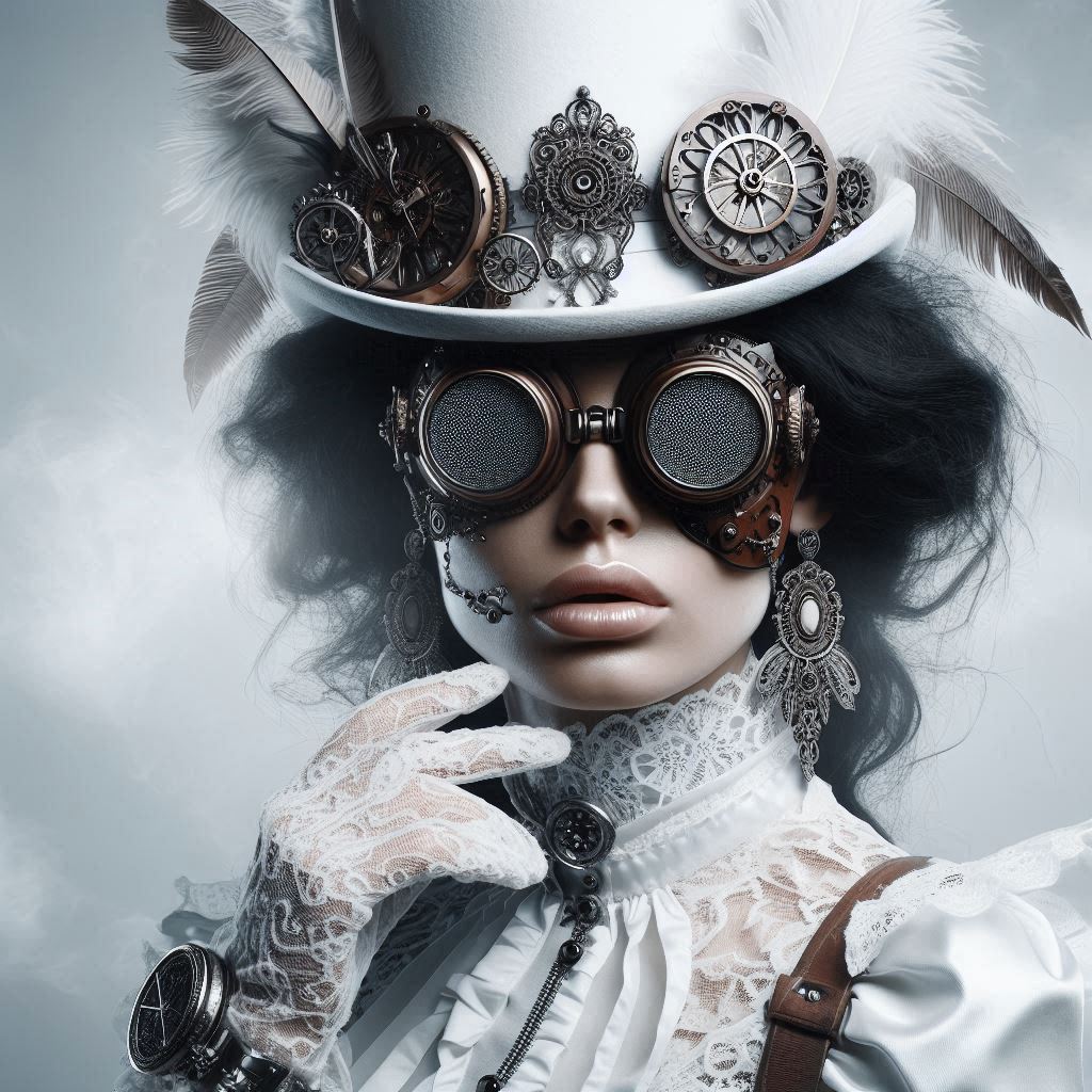 AI image of woman with a white steampunk hat and embellishments including feathers and cogs with goggle glasses and gloves