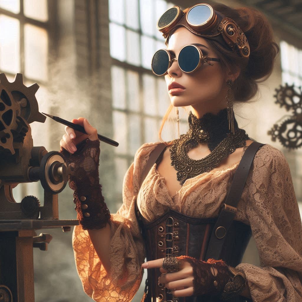 AI image of a woman in steampunk costume inside an old building near a mechanical object