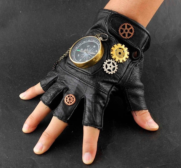 Black leather gloves with cogs and a watch