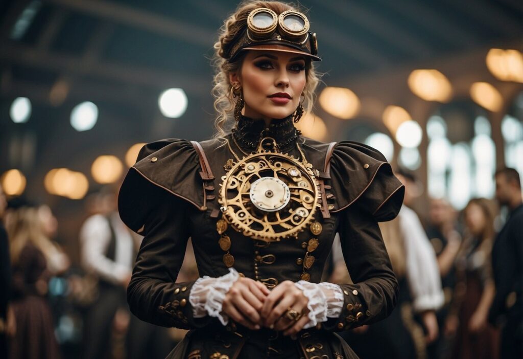 AI image of woman in full steampunk dress with giant cog hanging on the front and ruffled top with goggles in a cap