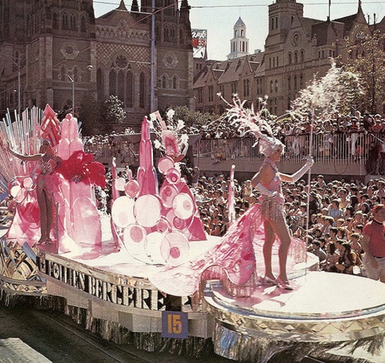 Moomba float with ladies in costumes circa 1970's