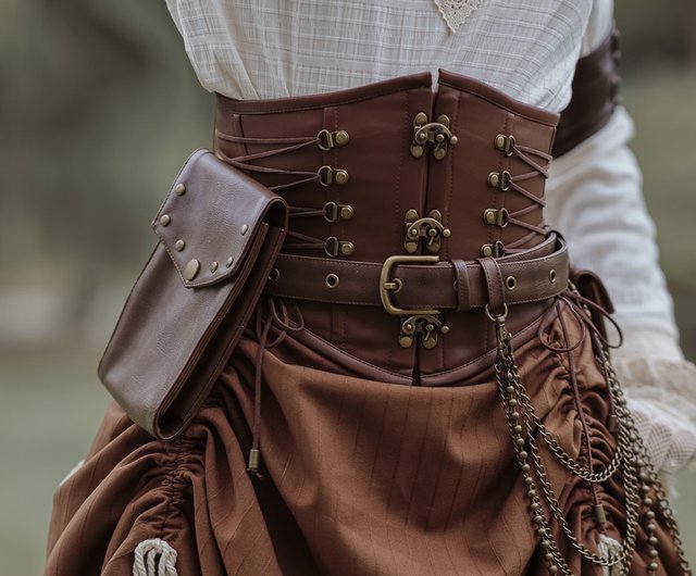 Steampunk leather utility belt over corset with pouches