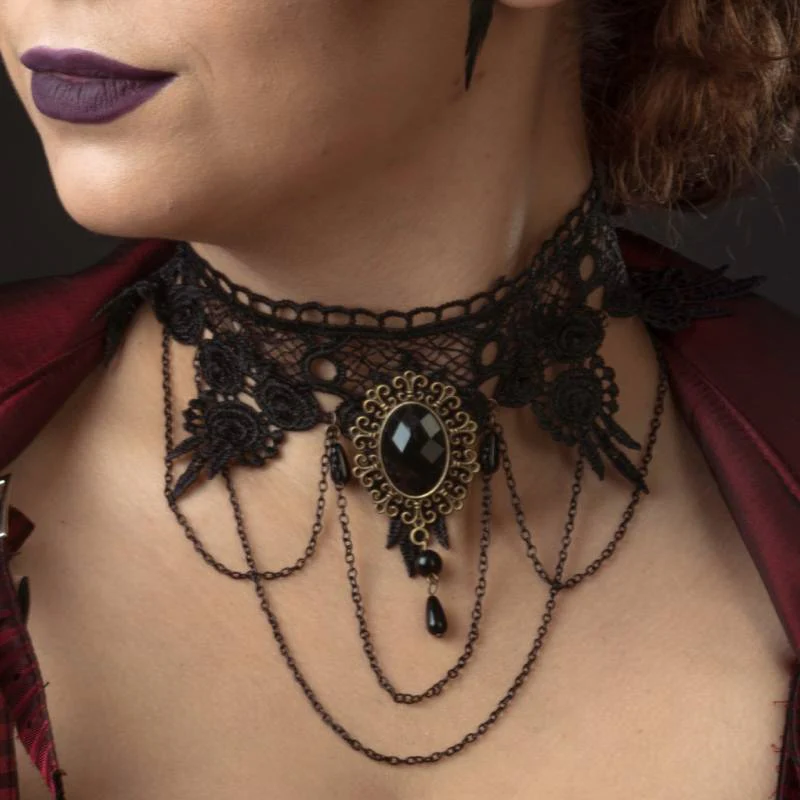 Lady wearing lace chocker embellished with beads and chains