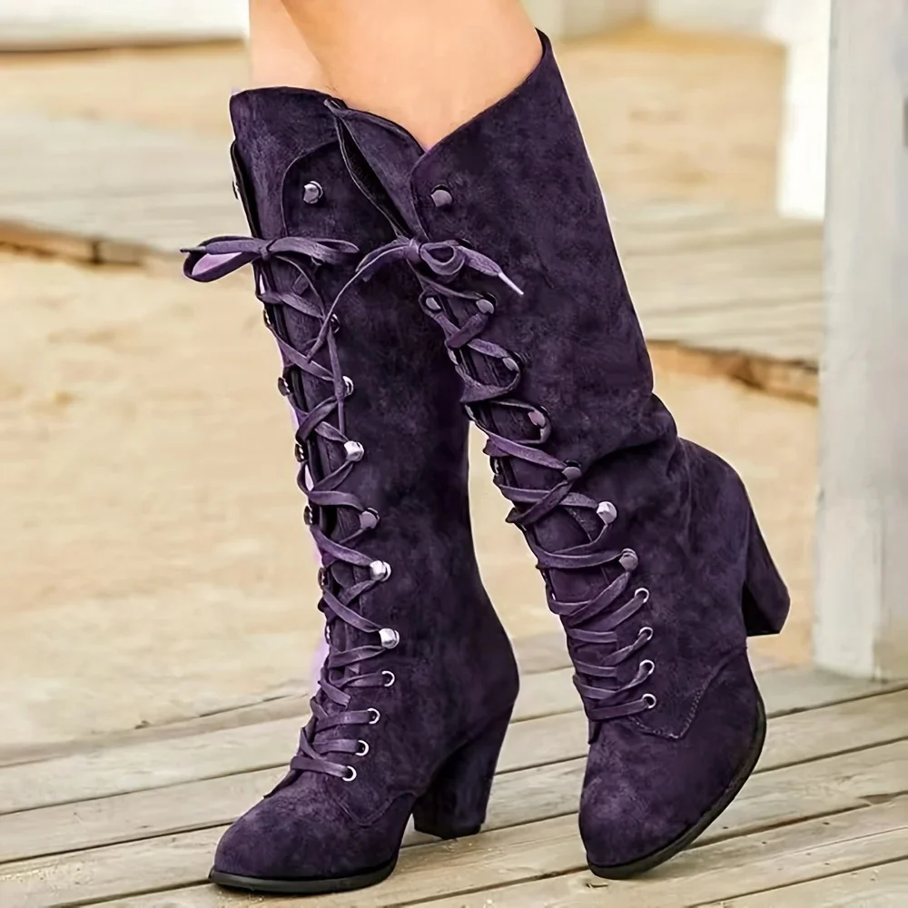 Purple suede lace up boots with high block heel