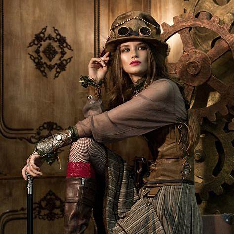 Steampunk woman in an alternative outfit with striped skirt chiffon blouse and accessories to match.