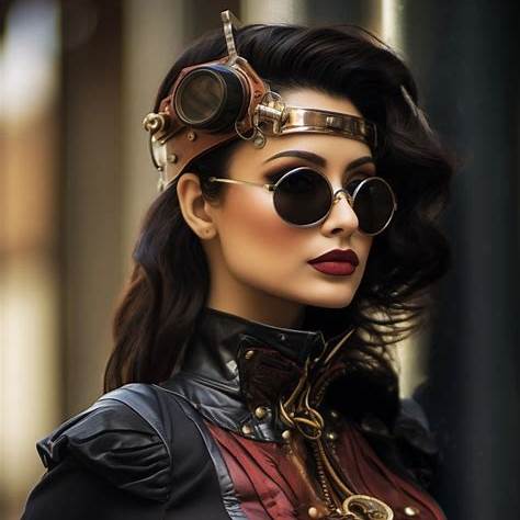 AI generated image of a woman wearing a steampunk headband glasses and Victorian high collared shirt