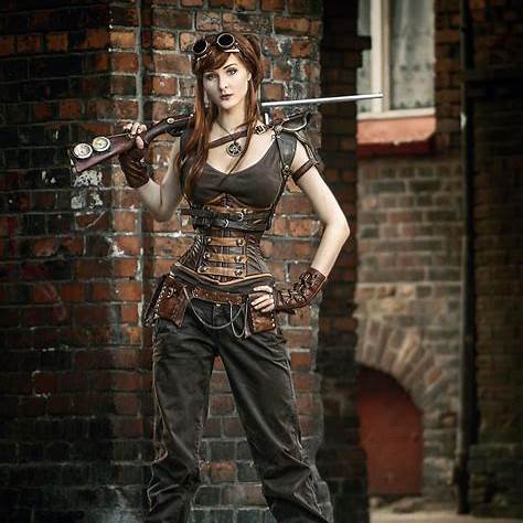 woman dressed in a very tight corset steampunk outfit in sleeveless top and loose pants holding an instrument