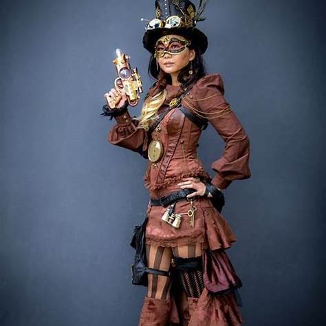 Steampunk woman wearing a brown jacket skirt and fashionable accessories holding a hand pistol