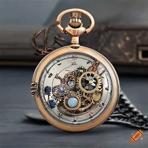 Steampunk brass pocket watch with exposed cogs and chain