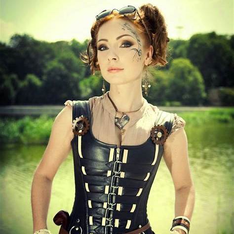 Lady in steampunk corset top and many elements attached