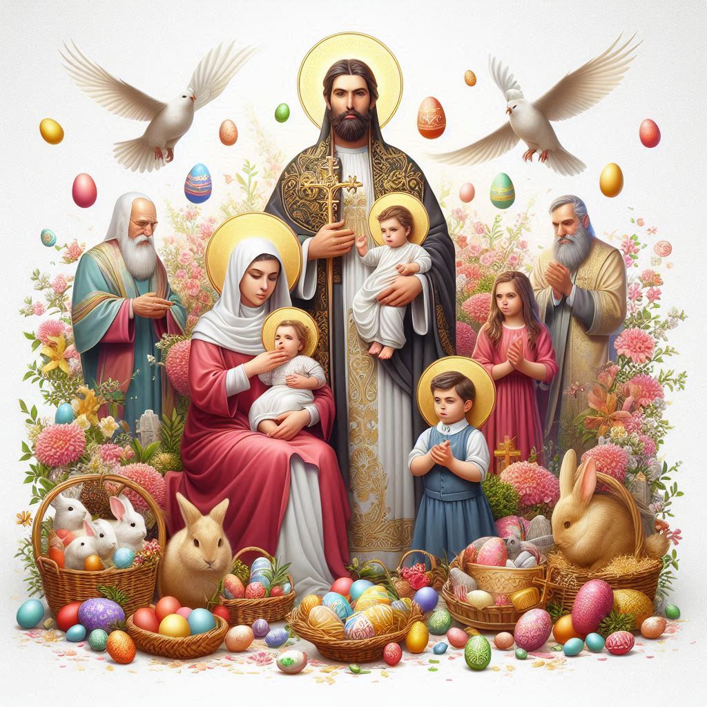 AI image of christ with Mary and babies surrounded by children and easter delicacies