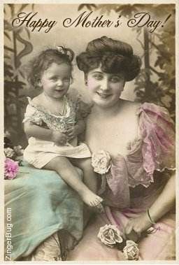 woman sitting at a formal table with daughter propped on the table - circa 1900's