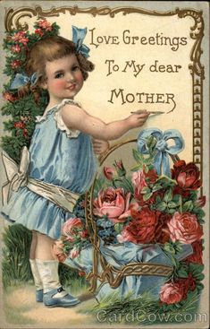 girl pictured on card with Mothers Day inscription and flowers nearby