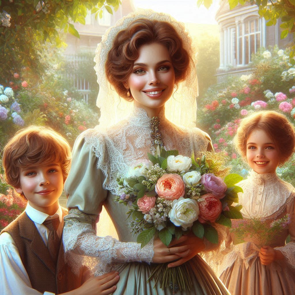 AI image of a young mother with her two children holding flowers edwardian era