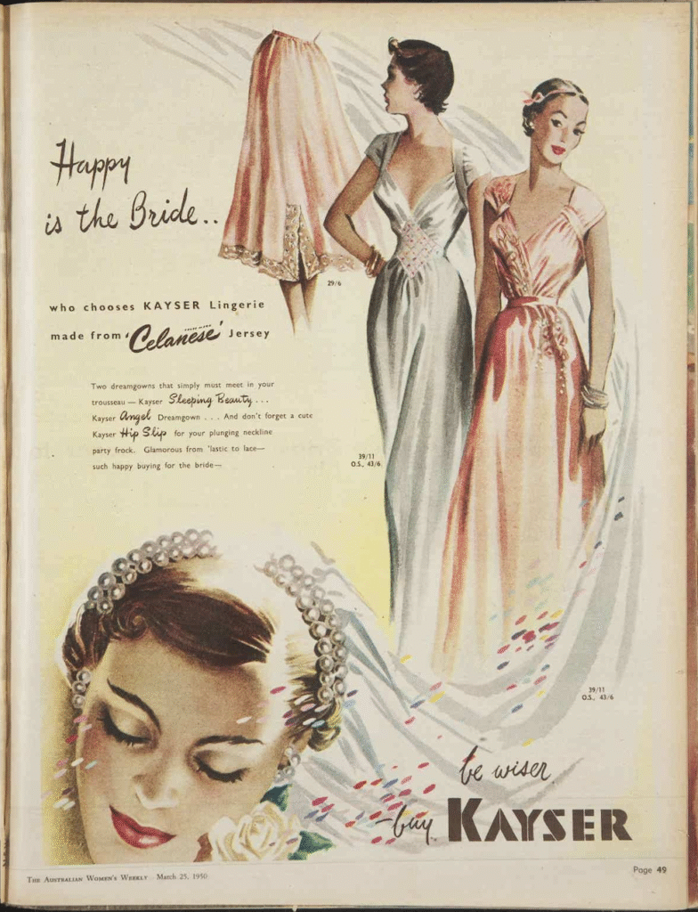 1950 ad for Kayser lingerie promoting wedding attire