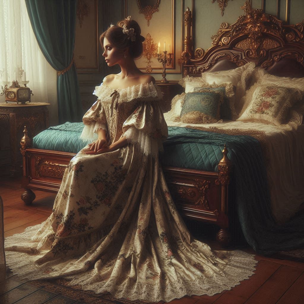 AI image of woman sitting by a bed in full Victorian adorned night dress