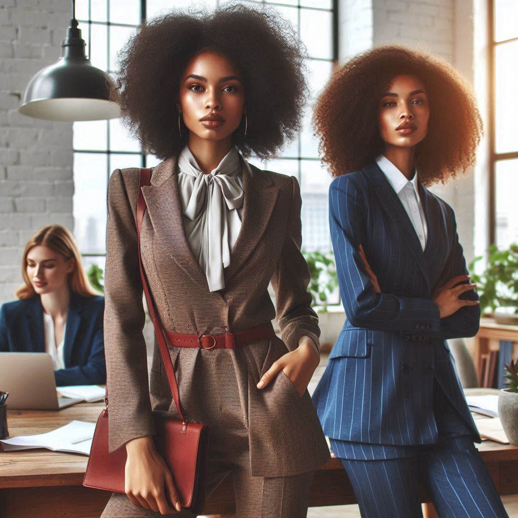 2 ladies with afro hair styles wearing vintage pants suits in an office