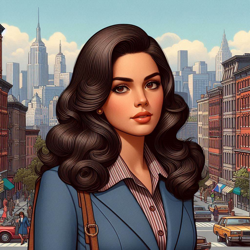 AI image of a lady office worker from the 1970's in a suit