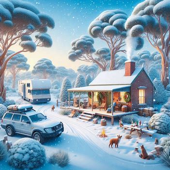 Log cabin in the show with vehicles nearby packed for camping