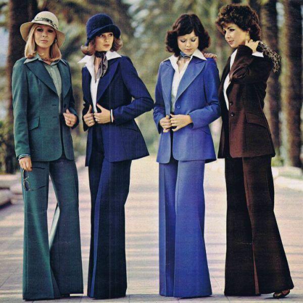 1970's models in different flared pants suits