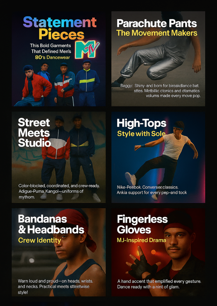 A collage of men's 80's street wear and accessories to match