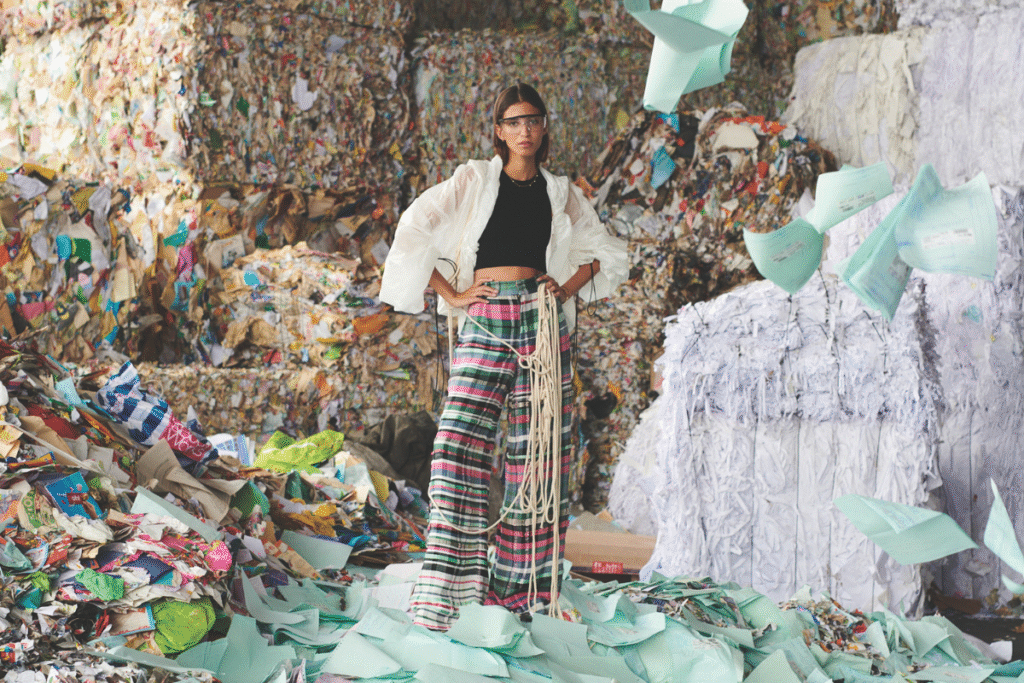 A fashion model standing amongst pileds of plastic for recycling