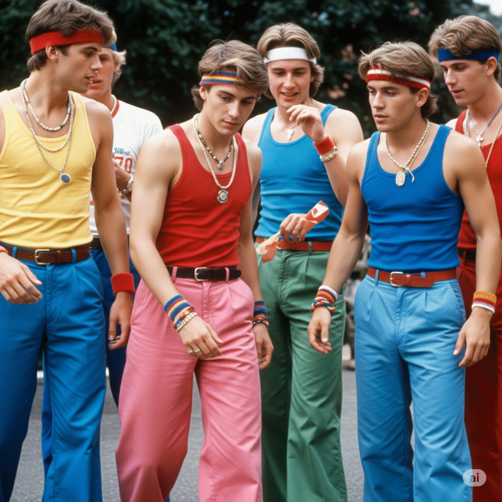 AI image of a group of guys in muscle tops pleated pants headbands and chunky chains