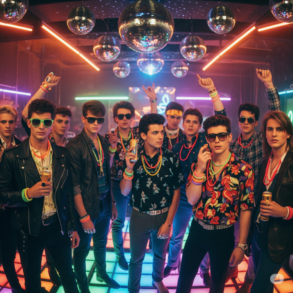 AI created image of assorted men on the dance floor in their bright outfits accessorized