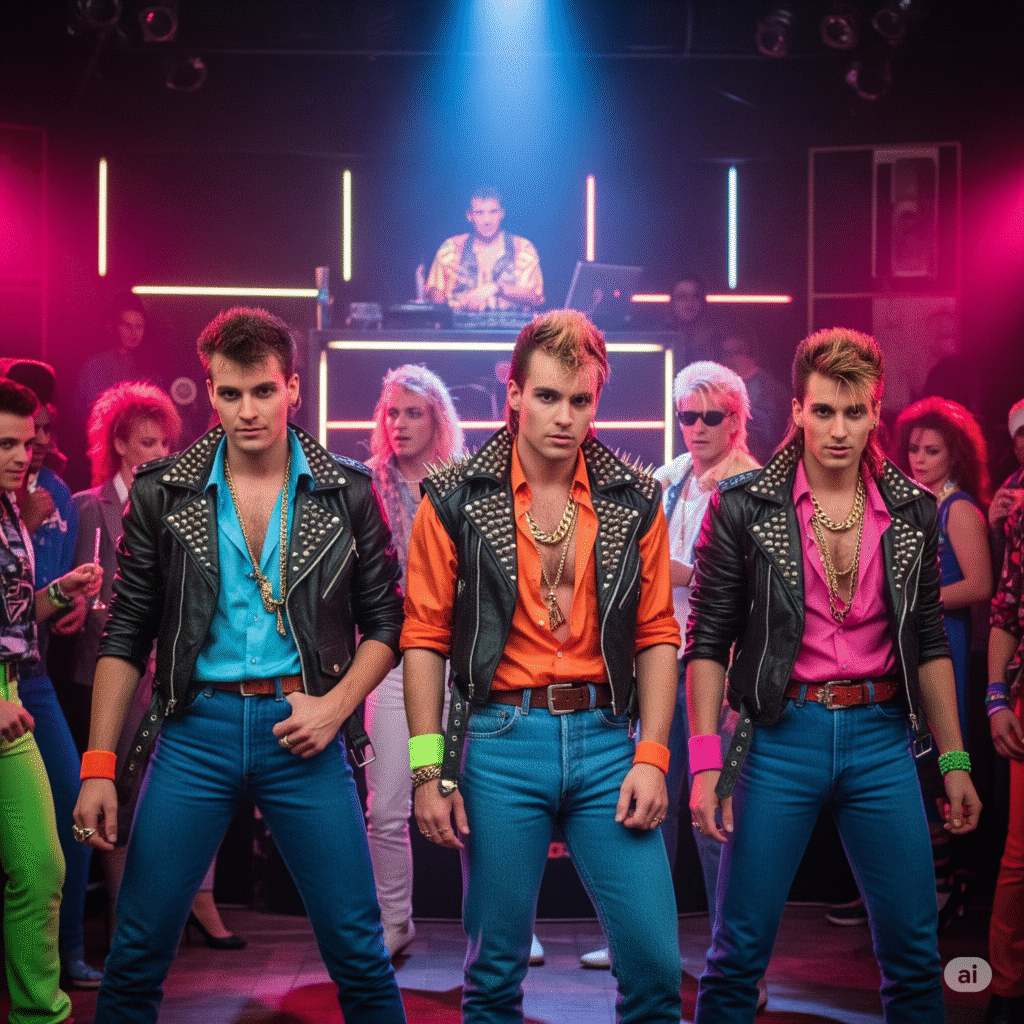 AI created image of 3 80's dancers at the center of attention on the dance floor in vivid leather outfits and jeans
