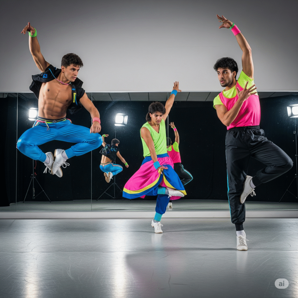 AI generated image of 3 dancers showing off their 80's dance styles at a studio