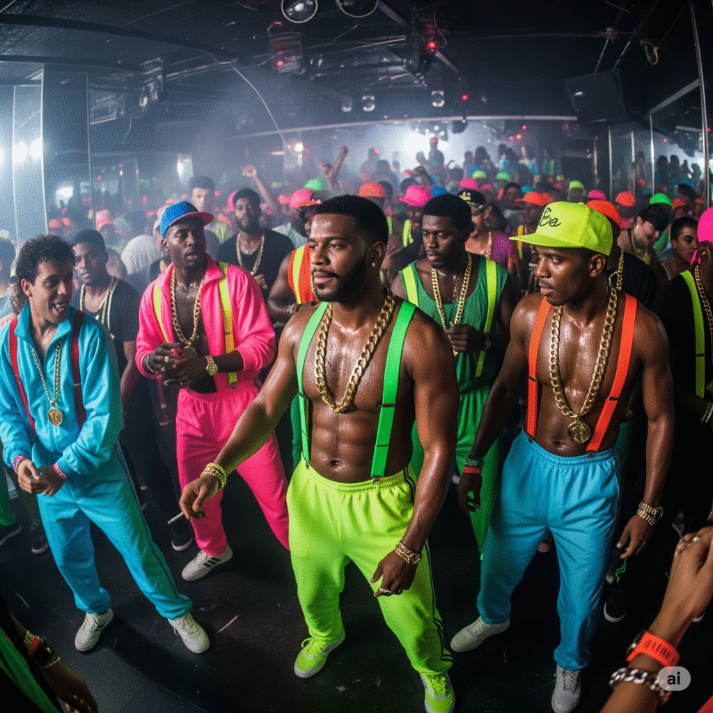 AI generated image of african american men at a club wearing neon colours and suspender braces