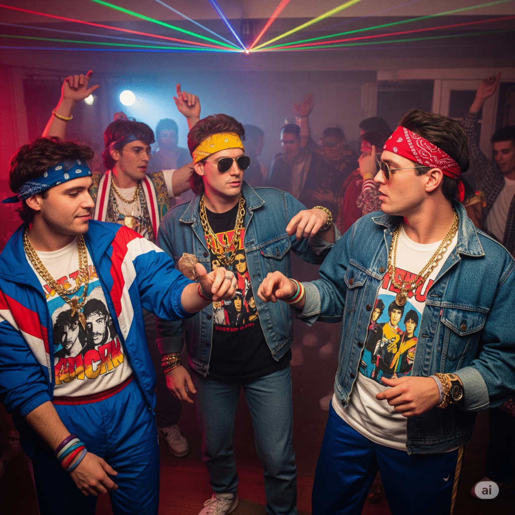 AI image of 3 men in street wear and bandanas at an 80's party