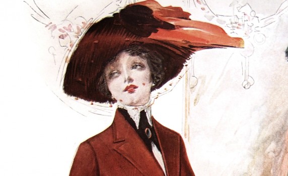 Drawing of an Edwardian woman in a large winter hat with feathers and netting