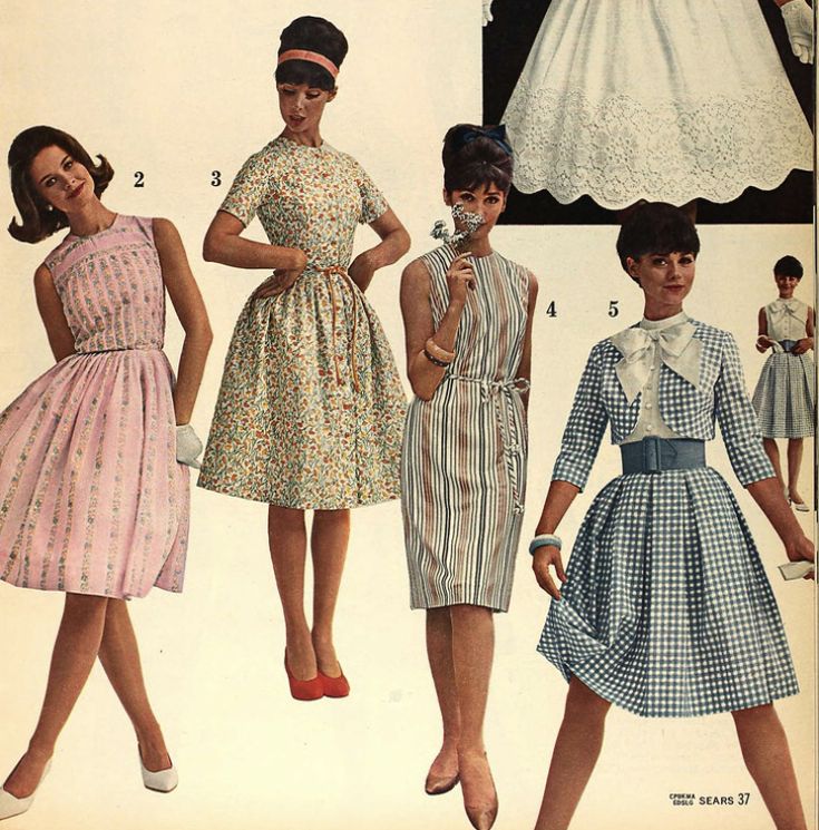 Ladies modelling pastel summer dresses in knee length 60's styles