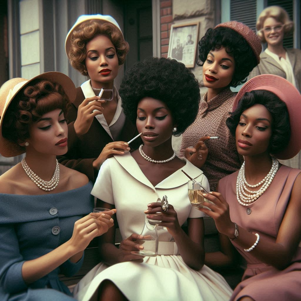 5 American women at a social gathering wearing early 1960's dresses with hats and pearls
