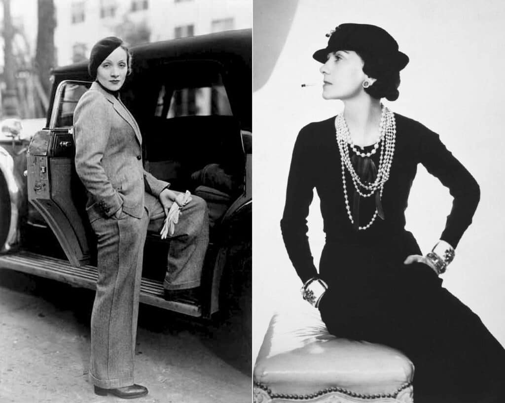 Marlene Dietrich in a chanel pants suit and coco chanel