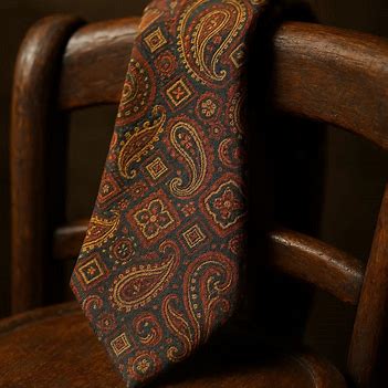 Brown paisley necktie over a timber chair