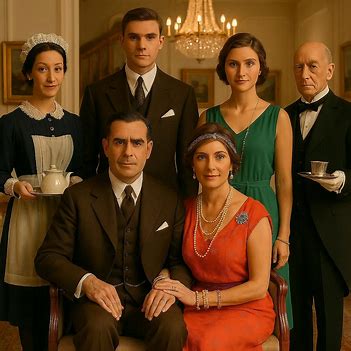 upper class family with servants seated 1920's era AI image