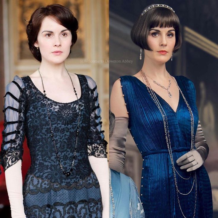 Lady Mary in a split image in blue dresses from edwardian era and then a new style for the gatsby era with more accessories