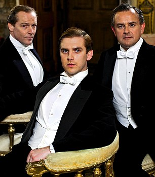3 characters from the show wearing their white tie suit attire