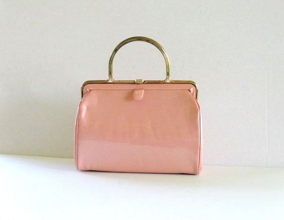 1960's structured pink patent bag with gold handle