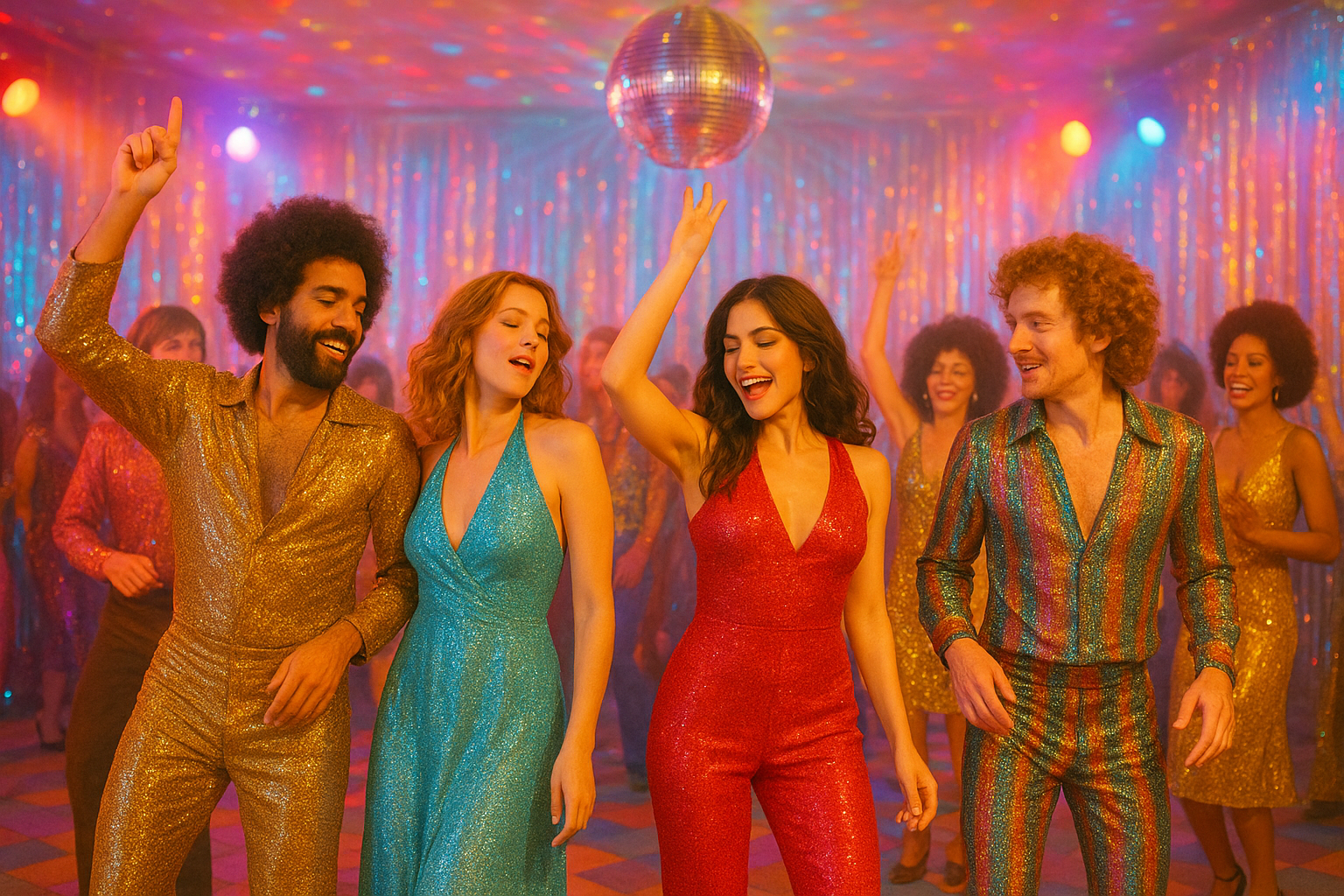 Ai image of 70's disco party image with jumpsuits and mirror ball