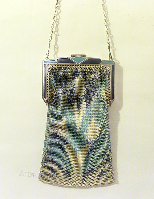 art deco blue and beige beaded handbag with designer clasp
