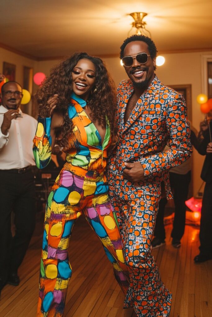 A couple w earing patch style suits in retro colours at a party