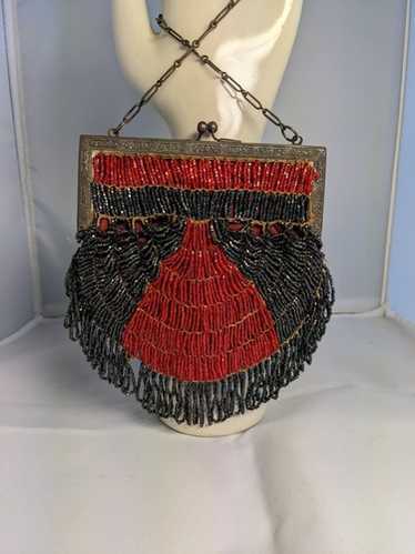 Victorian antique beaded red and black reticule purse with gold clasp and chain