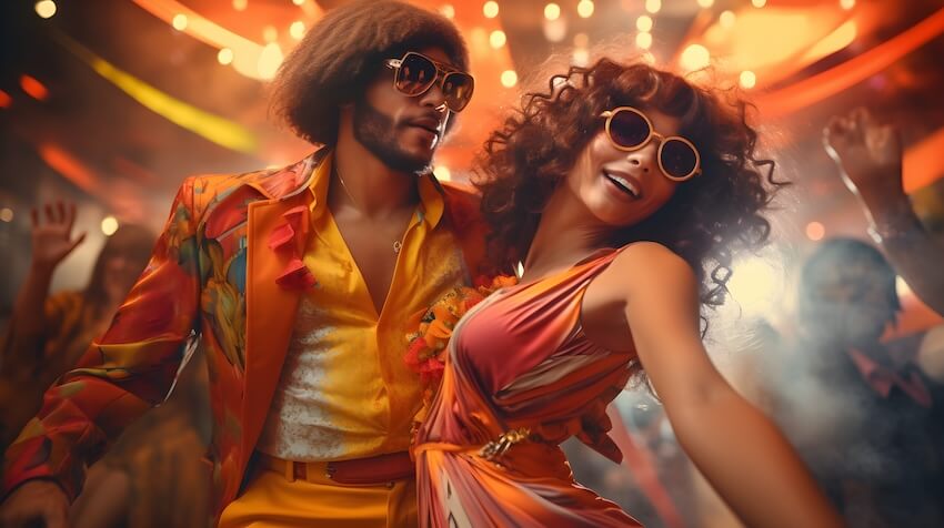 AI 70's couple on the dancefloor in colourful outfits wearing sunnies