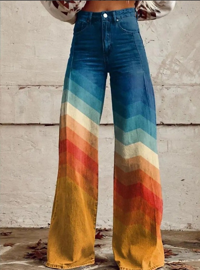 Ombre effect patchwork denim pants with flares
