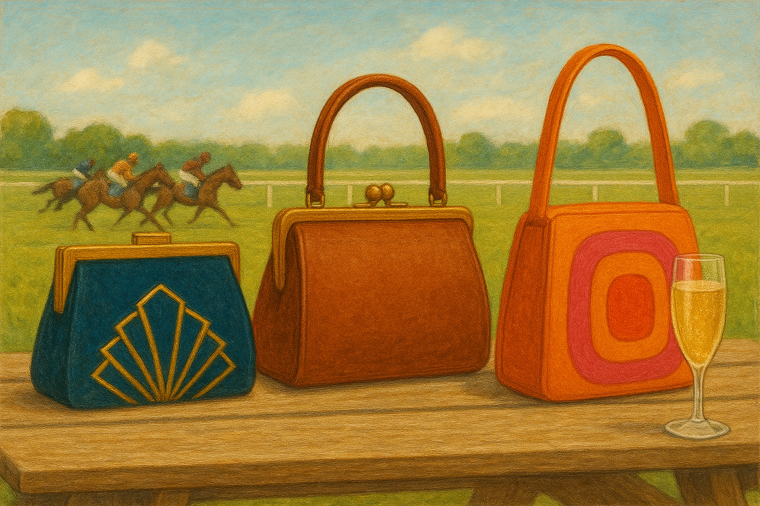 AI created image of 3 vintage handbags sitting on a picnic table with champagne