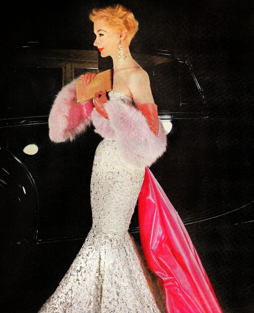 white lace mermaid 1950's dress with pink fur stole and gloves